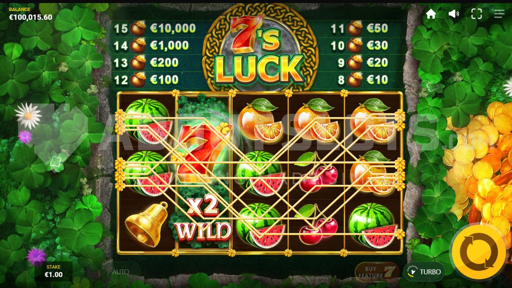 A win with stacked Wild Symbols on the second reel.