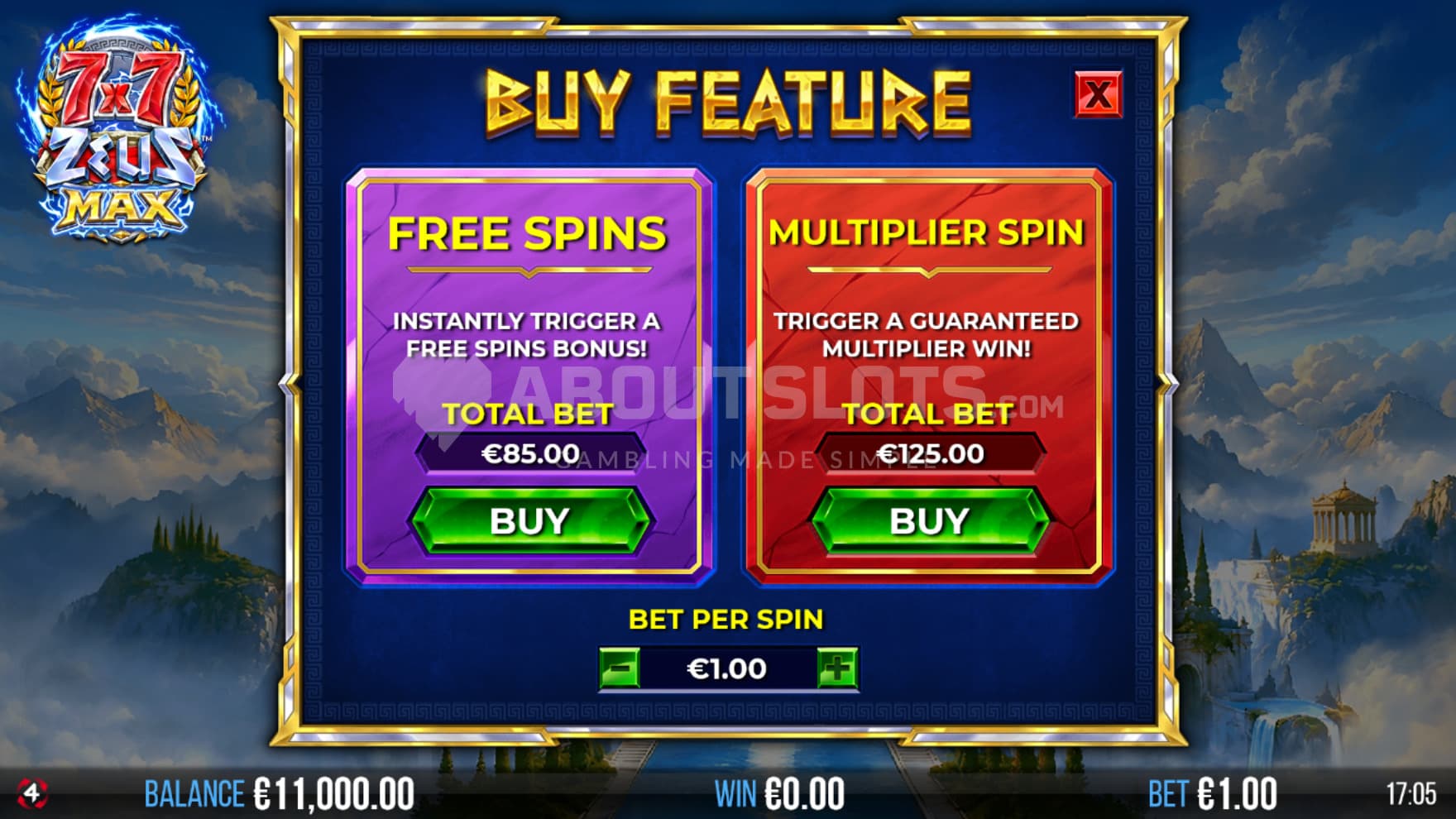 Choose between the bonus game or a guaranteed spin filled with bonuses through the Feature Buy