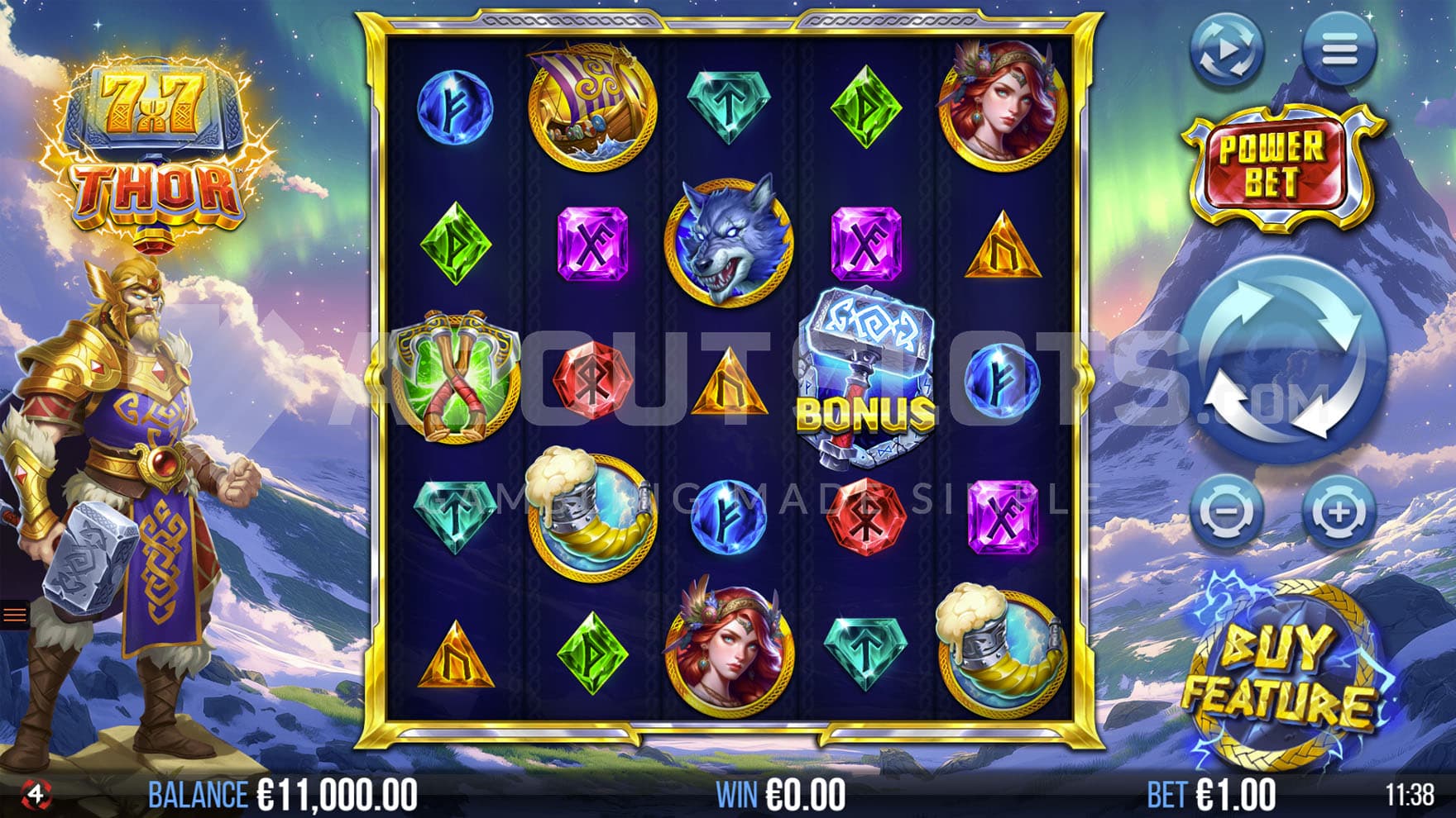 Base Game view of a 5x5 grid on a backdrop of snowy mountains with northern lights above them and Thor standing on the left.