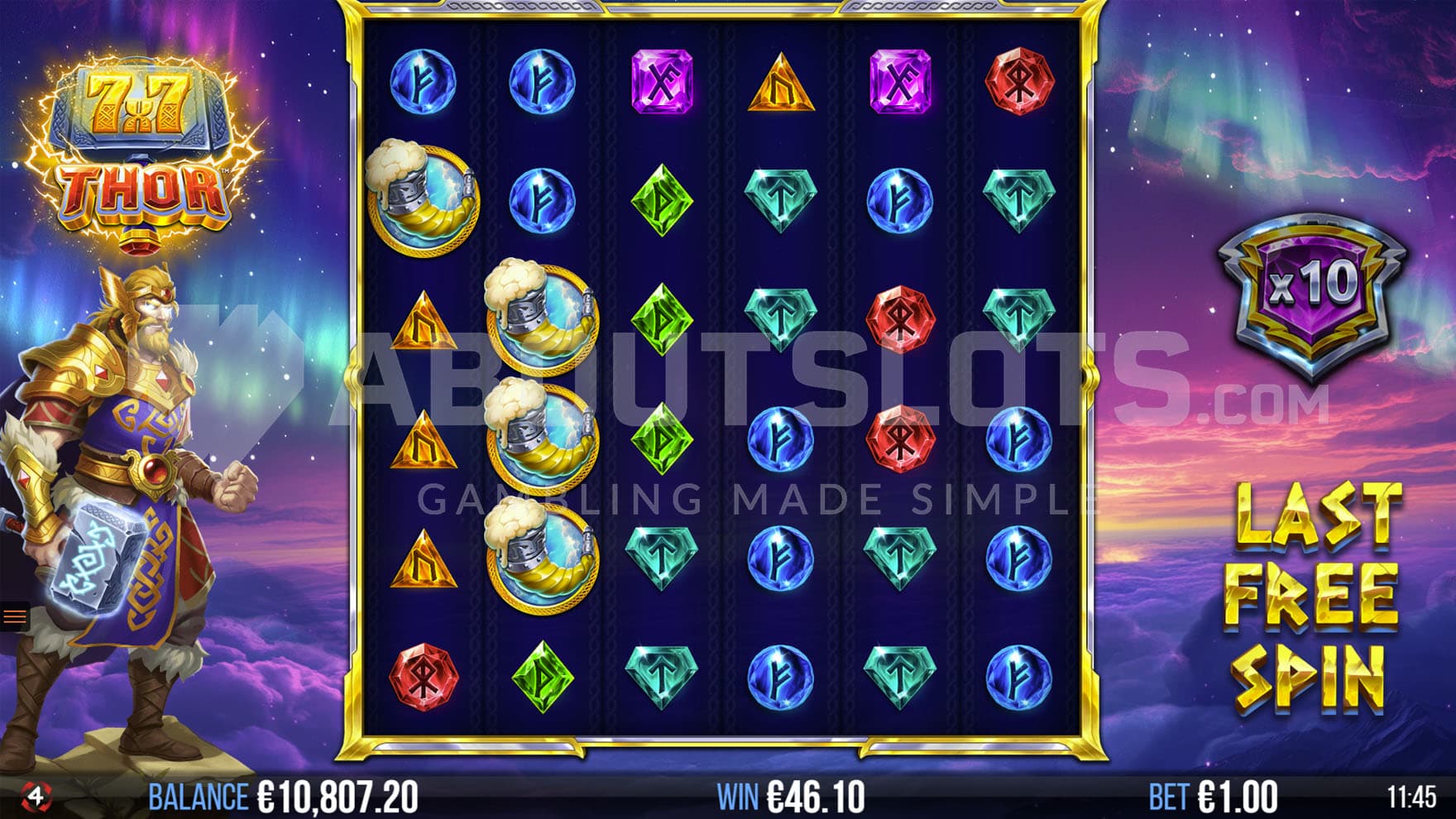 Free Spins bonus in progress with an accumulated x10 win multiplier and the grid expanded to 6x6.