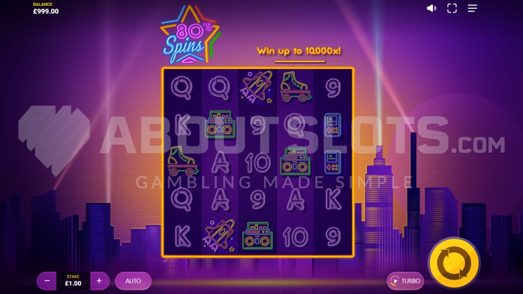 A casino slot in front of a big city.