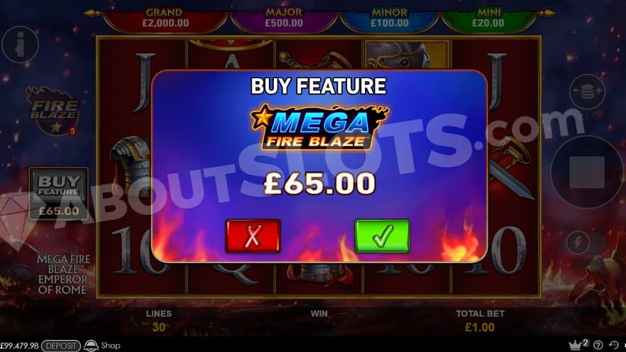 A menu offering the free spins for 65X the bet.