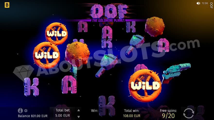 Free Spins bonus game with three wild symbols on the reels.