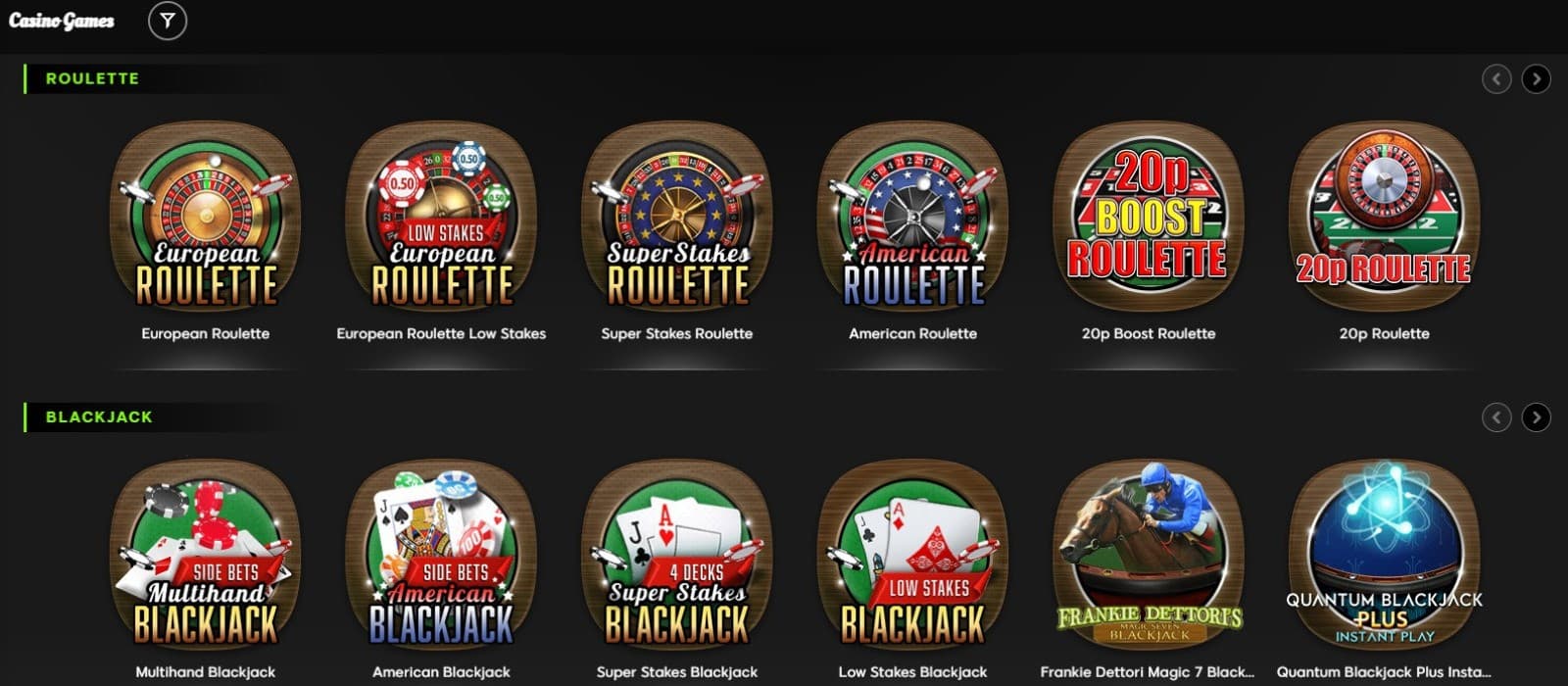 The games page of 888 Casino displays the variations of roulette and blackjack titles on a dark background.