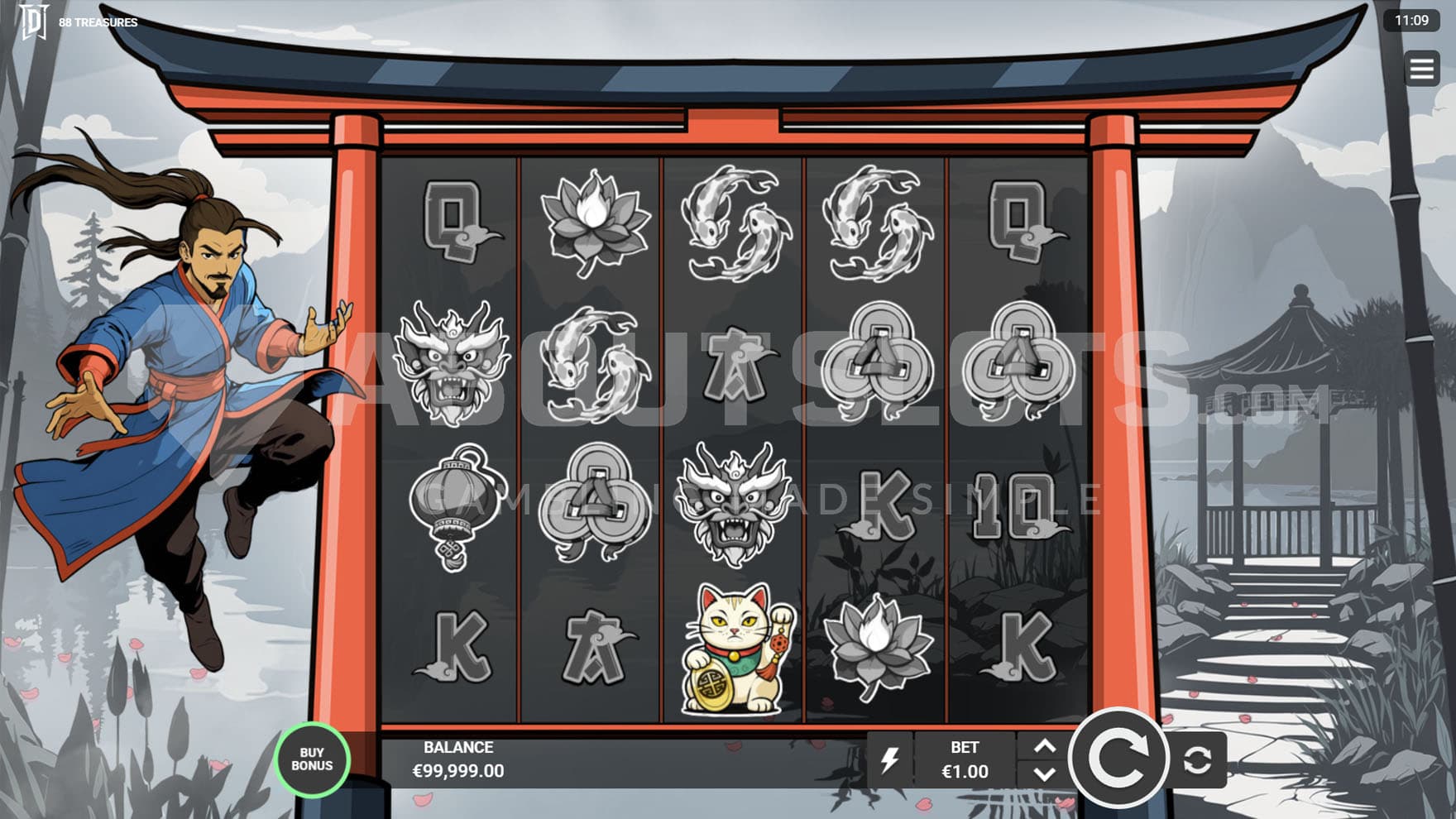 Base Game view of a 5x4 grid on a backdrop of a monochromatic natural Asian landscape with a warrior monk levitating on the left.