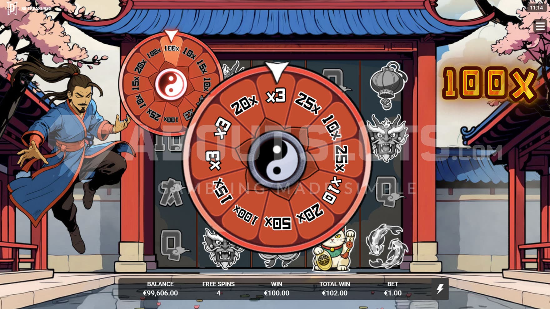 Enter the Temple Bonus in progress, showing a second Wealth Wheel being activated.