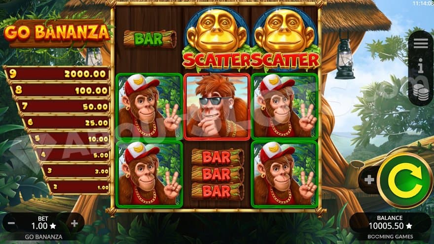 Three reels with three rows in a monkey tree house.