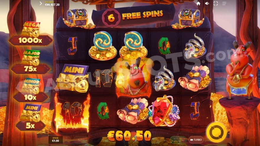 Free Spins feature with a wild devil on the grid holding a fireball.