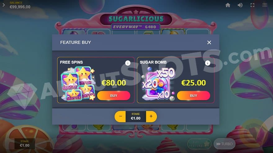 A menu offering the Free Spins for 80X and a spin with a guaranteed Sugar Bomb for 25X.