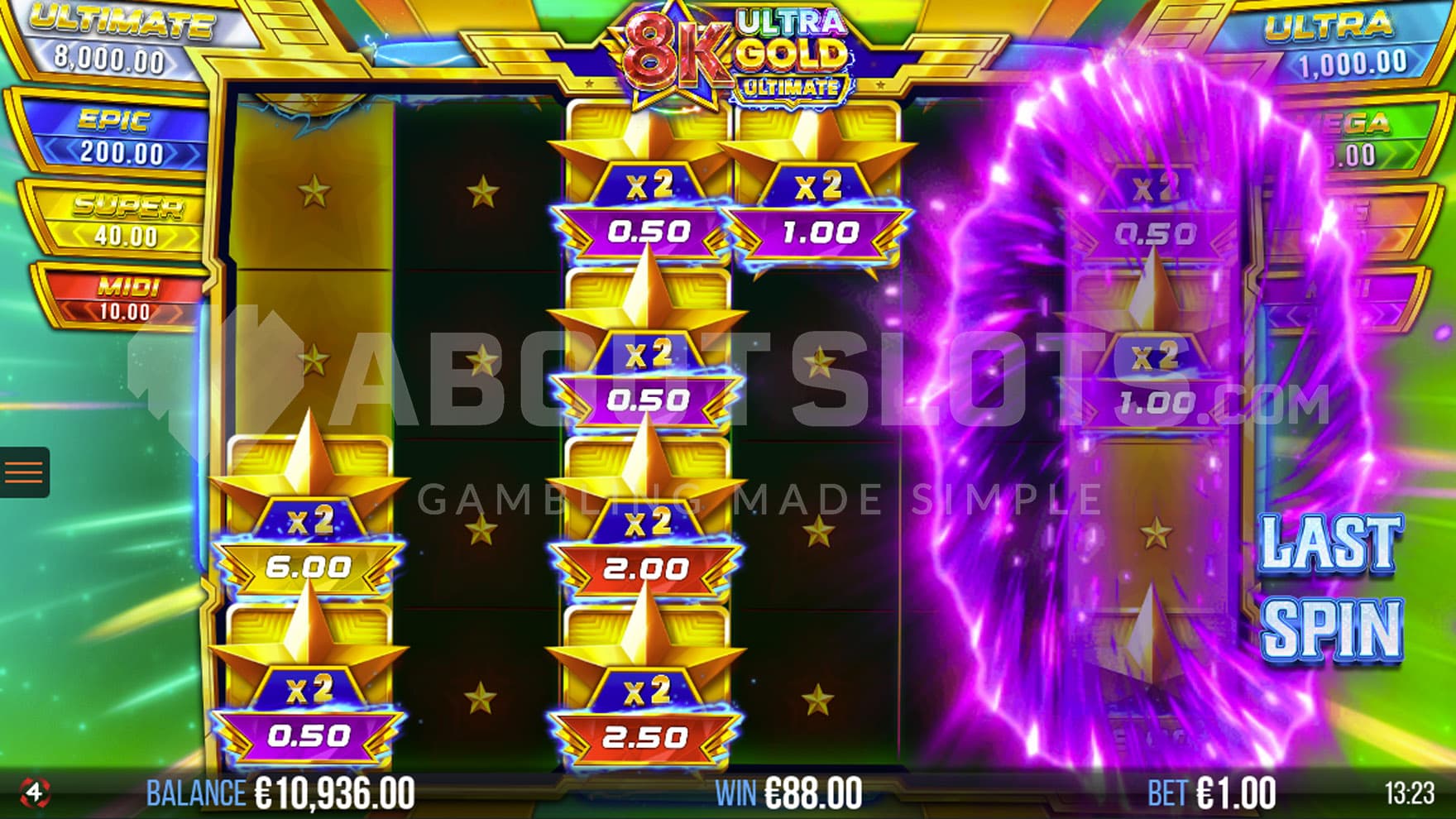 Collect Spins bonus in progress, showing multiple Cash Prize symbols on the grid and an anticipation effect on the last reel to score the Collect symbol.