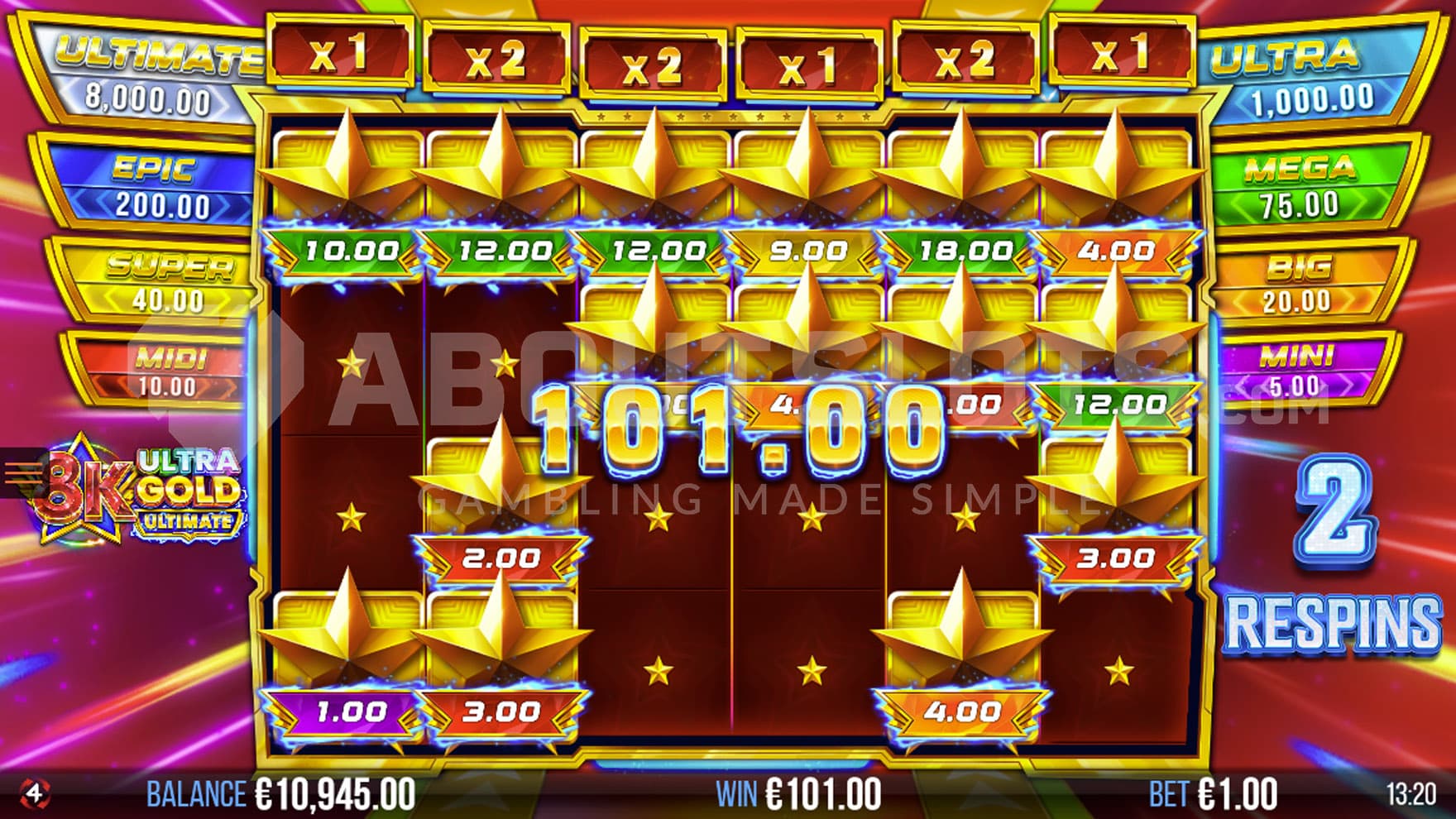 Respins feature in progress with multiple Cash Prizes sticky on the grid.