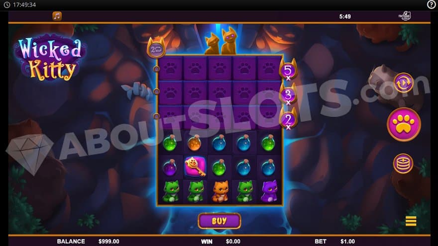 Five reels of 6 rows with cat and potion symbols.