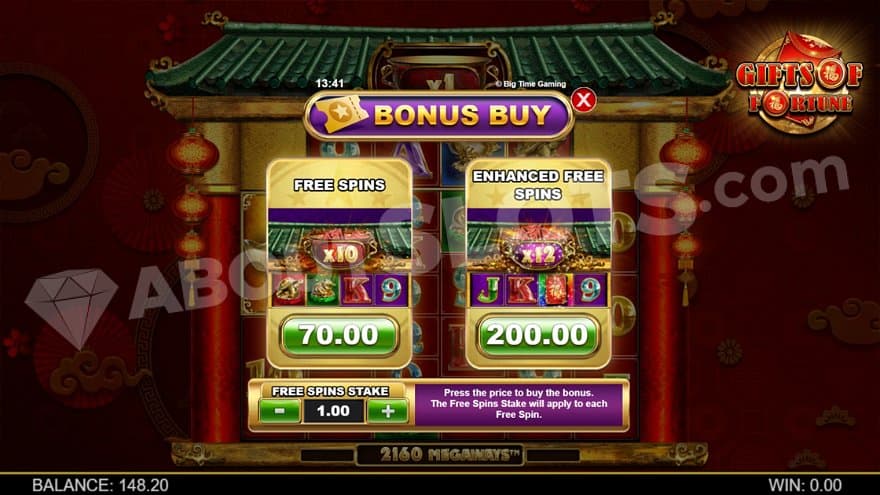 A menu offering free spins for 70X the bet and Enhanced free spins for 200X the bet.
