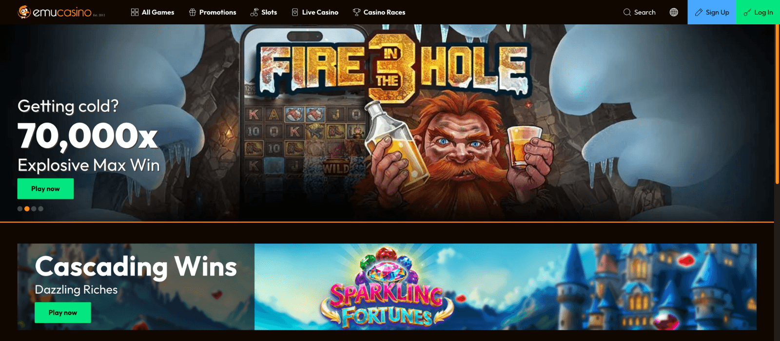 EmuCasino home page with exciting offers