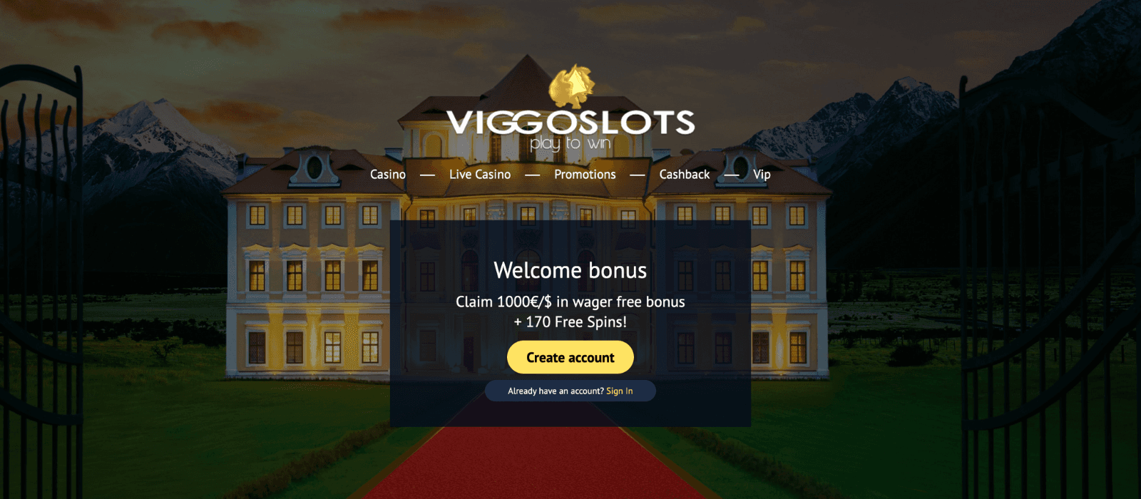 Homepage with gilded mansion and Welcome Bonus