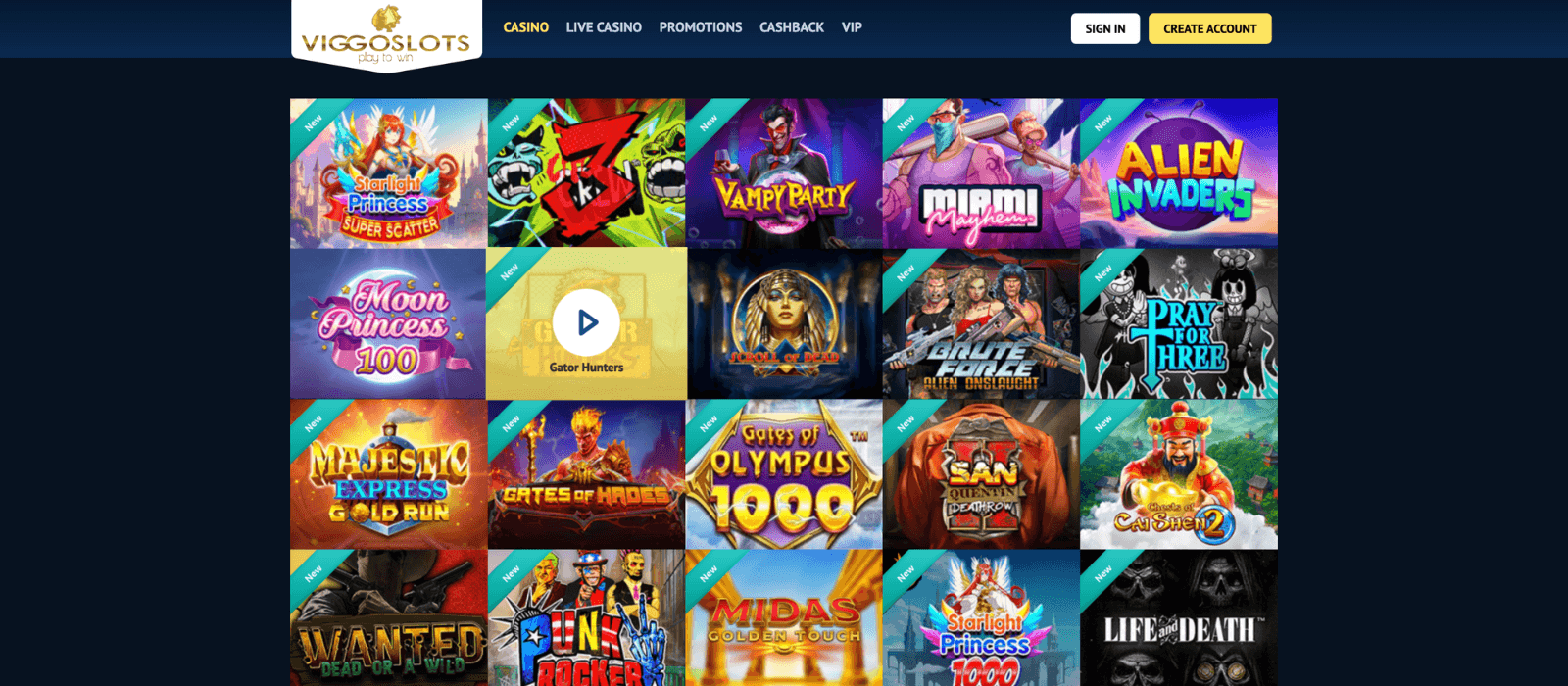 Selection of latest games offered at ViggoSlots