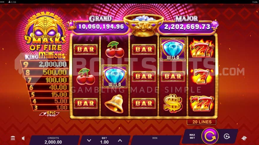 Cash prize awards sit to the left of the playing grid while the King Million jackpots sit at the top of the reels