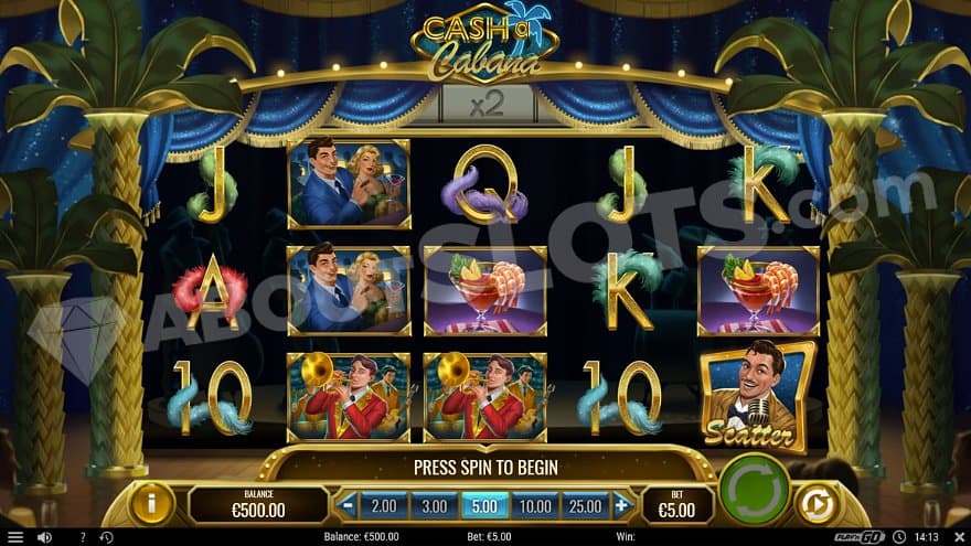 The base game of Cash-a-Cabana is on a stage with palm trees on the sides of the reels.