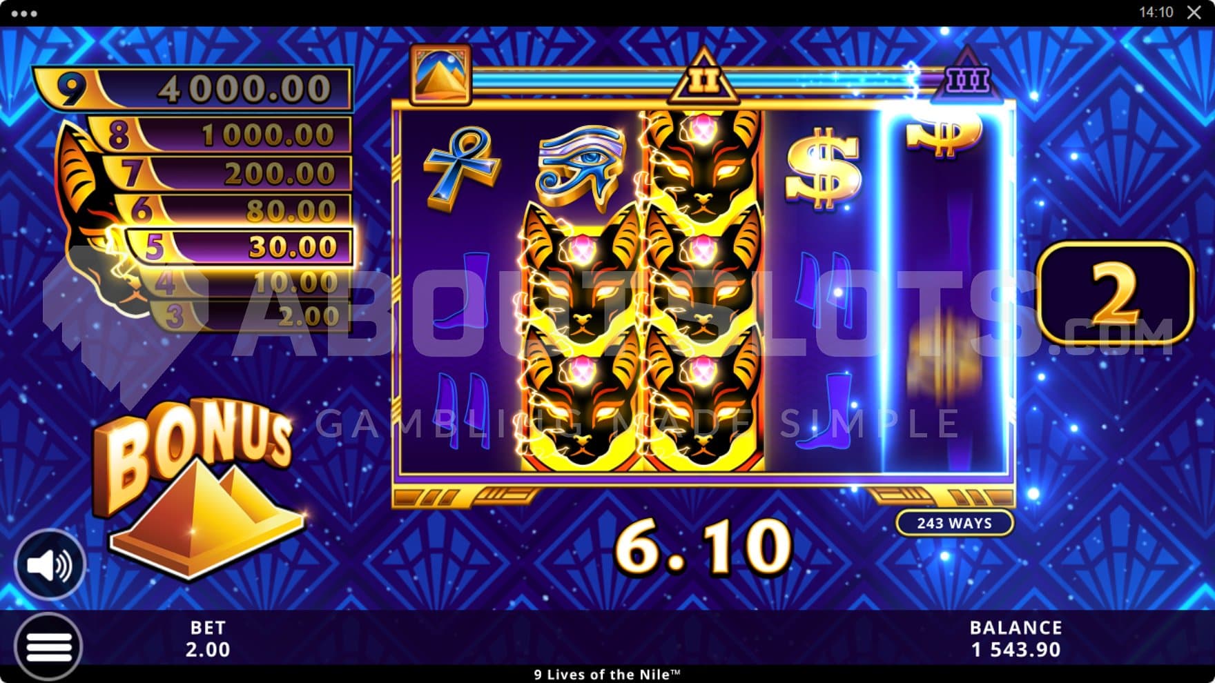 Five cat symbols on the reels in the Free Spins.