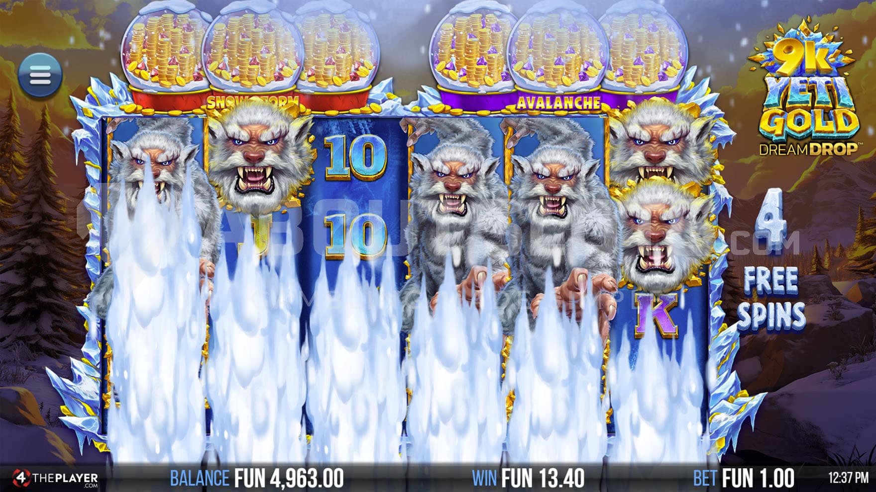 Free Spins bonus in progress, with the Avalanche feature triggered, populating reels with stacks of Yeti symbols.