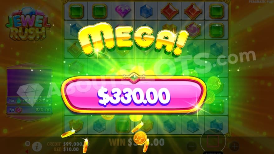 An image of the "mega" big win screen, where 330 euro is won on a 10 euro bet