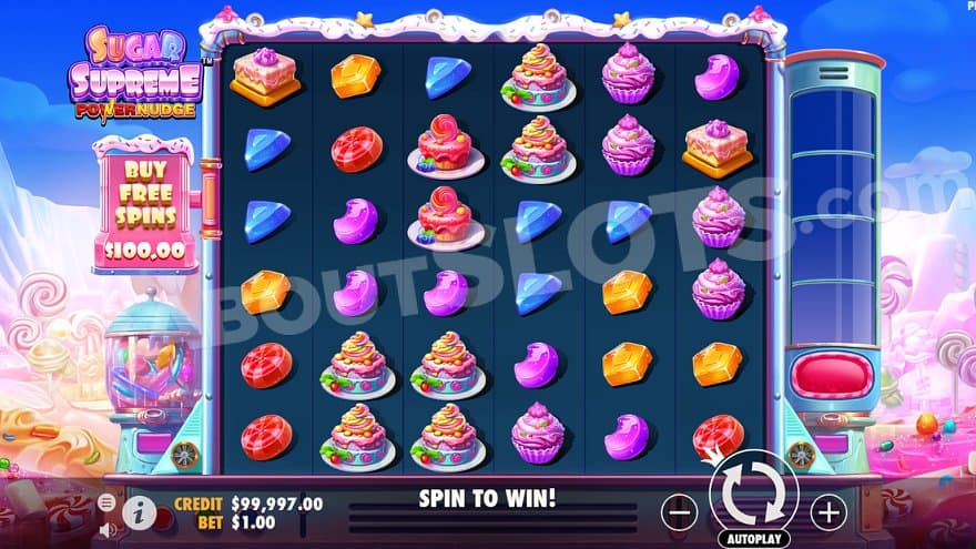 A casino slot full of sweet symbols as cakes and pieces of candy.