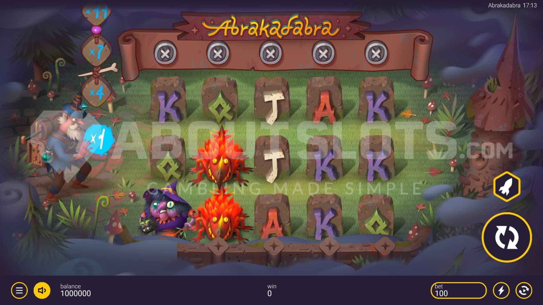 The wizard chills out next to the playing grid, playing with magic as you spin