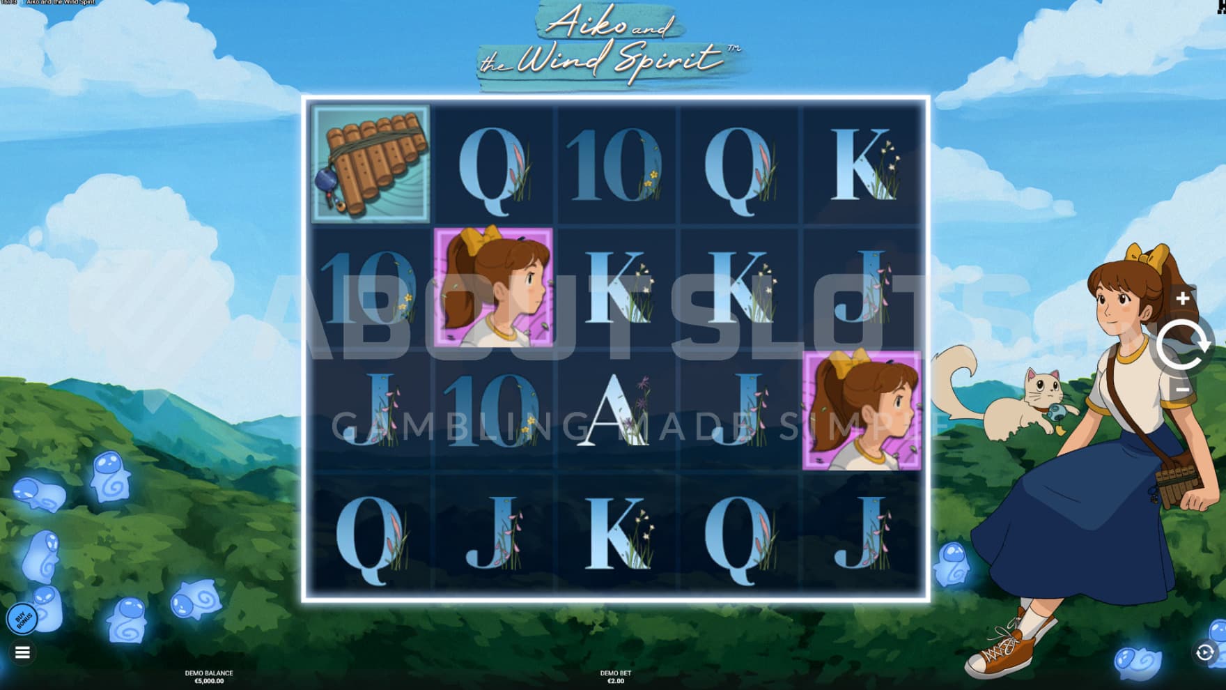 At the top of a wide forest you'll find the playing grid with Aiko, her cat and various spirits sitting around