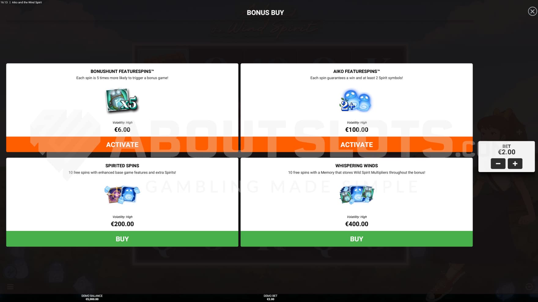4 Feature Buy options sits infront of the playing grid