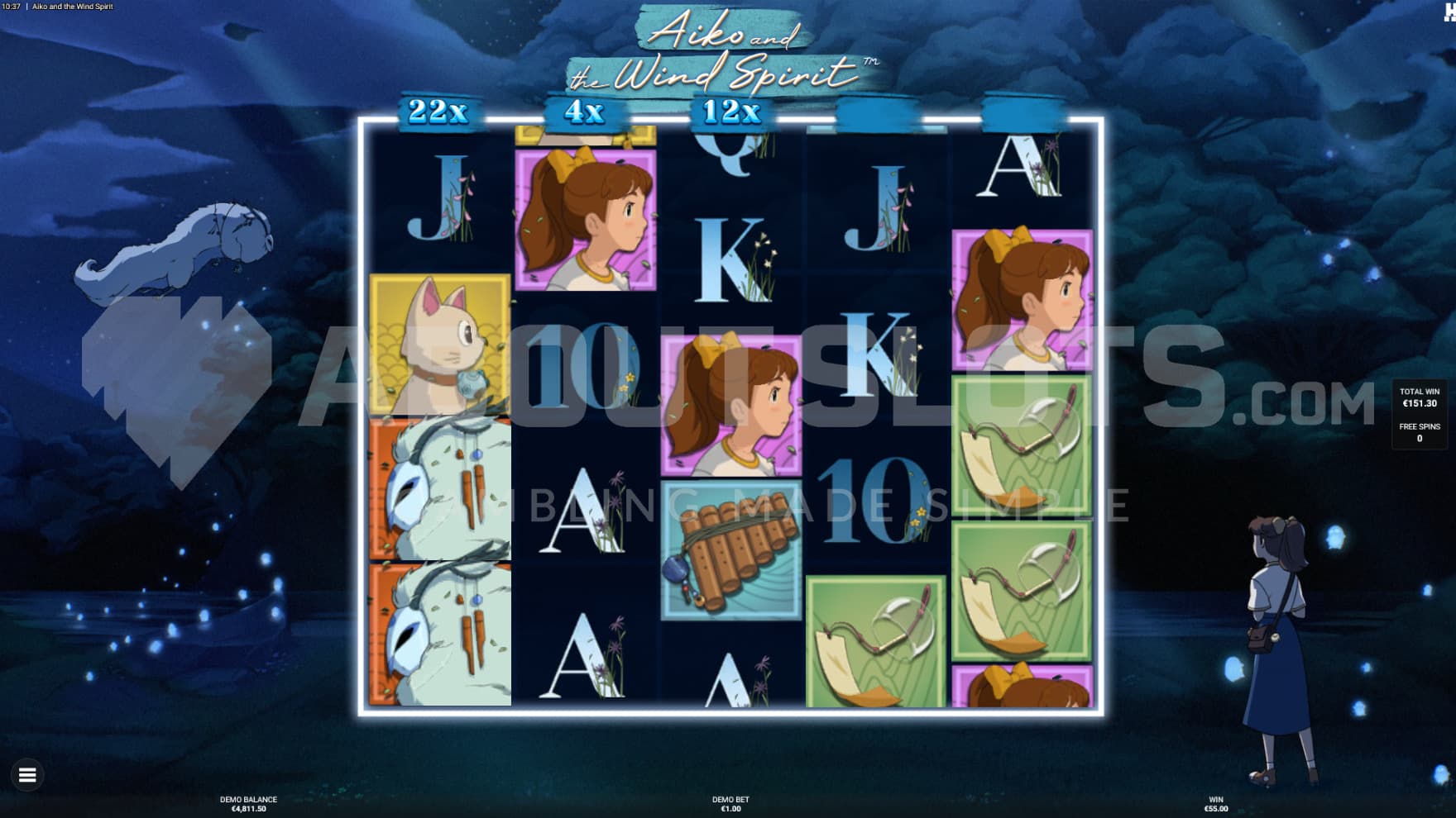 Night falls in the Free Spins and the Forest Guardian comes out, flying past in the background