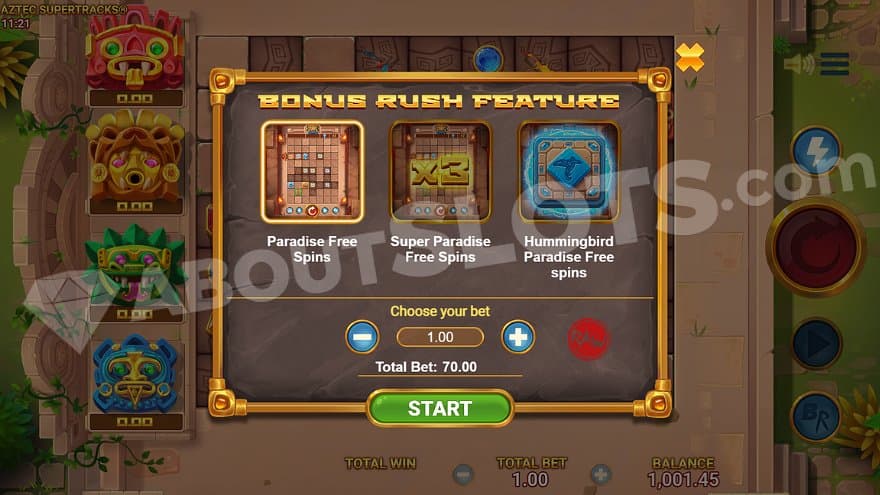Three different Free Spins features in the Bonus Buy feature.