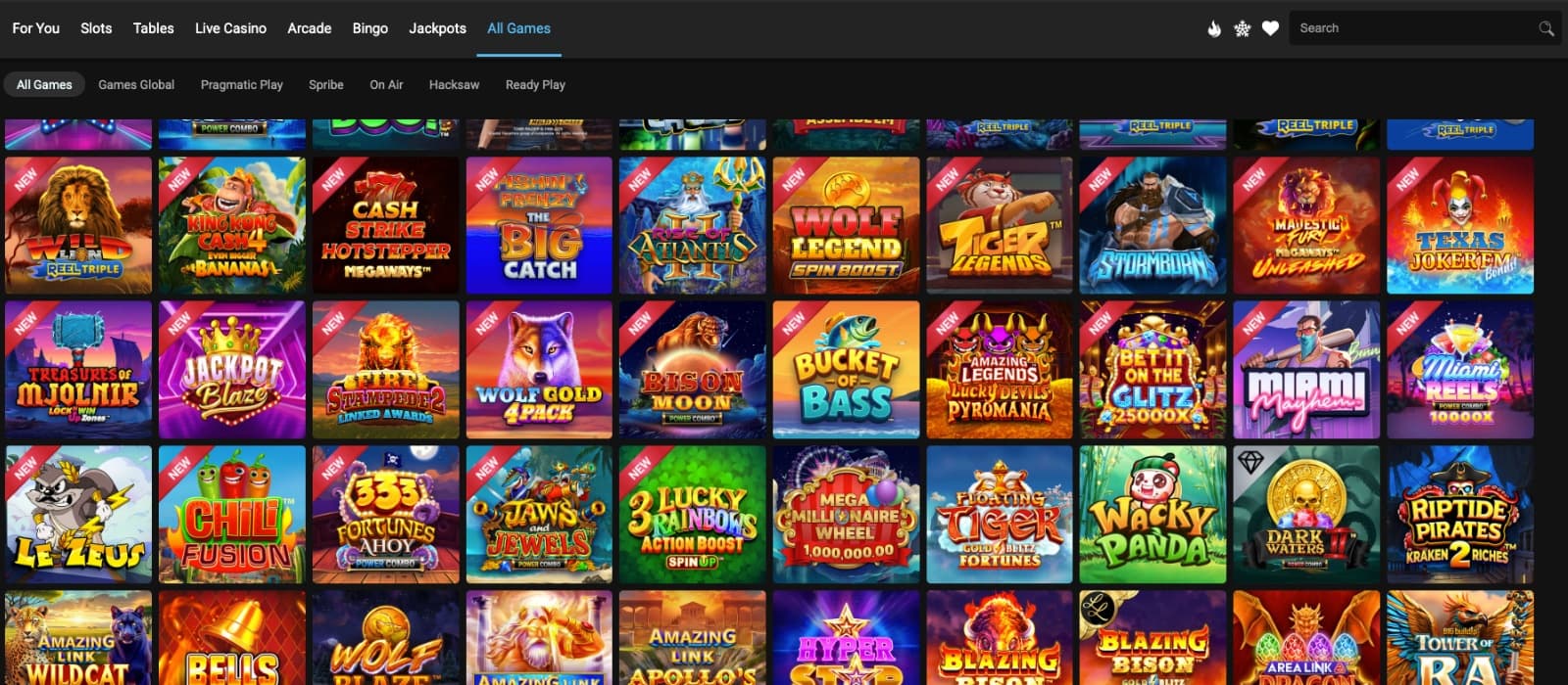 All Slots Casino gamespage showing slots from different slot genres and providers.