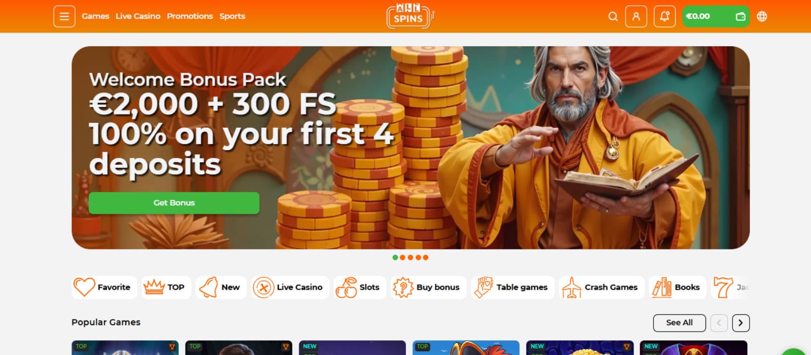 AllSpins Casino's homepage displays the enticing welcome bonus.