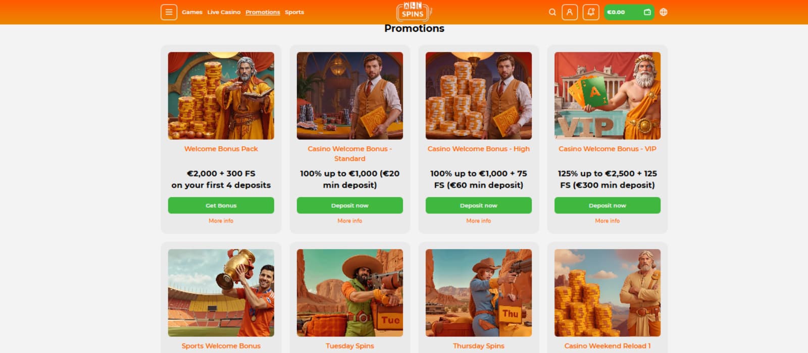 AllSpins Casino's promotion page displays different promotion packages.