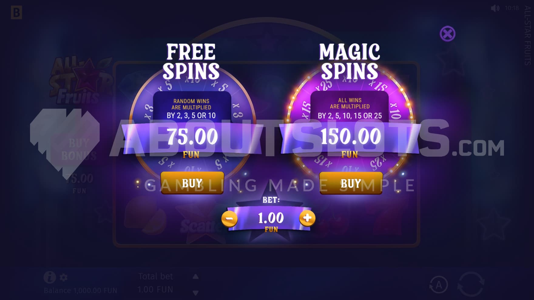 The feature buy option with both Free Spins and Magic Spins options