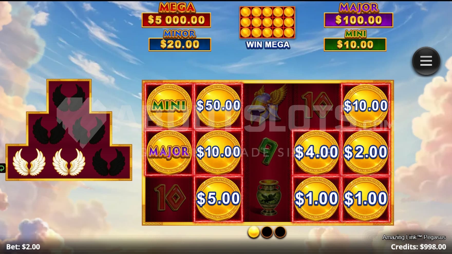The Amazing Link bonus game is all about the Coins and Pegasus Symbols with a few Jackpots sprinkled in