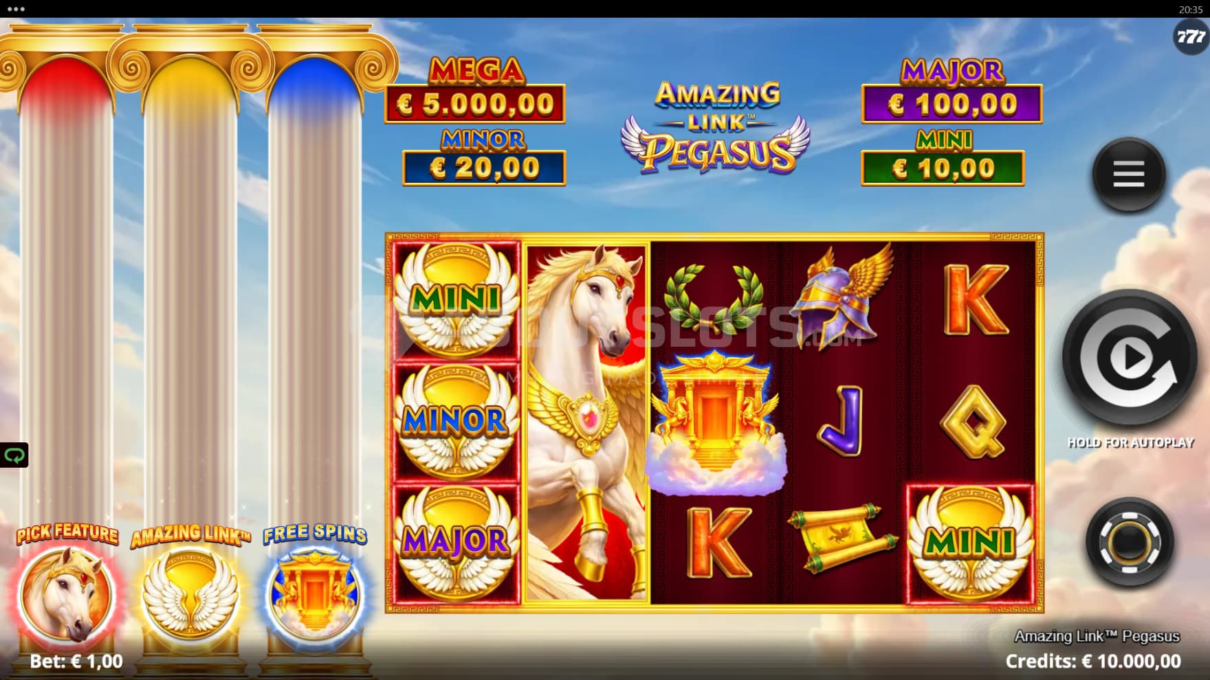 The three random feature trigger bonus pillars can be seen to the left of the playing grid during the base game