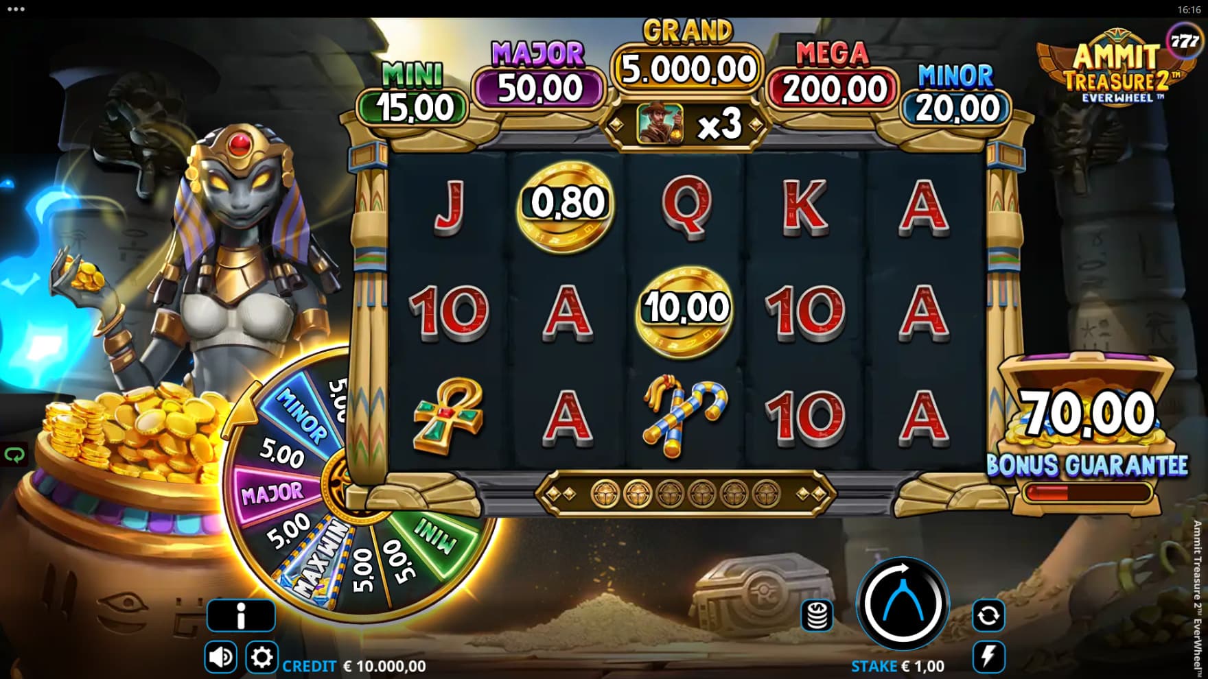 Ammit stands next to the playing grid with the Jackpot Wheel and Collection Pot