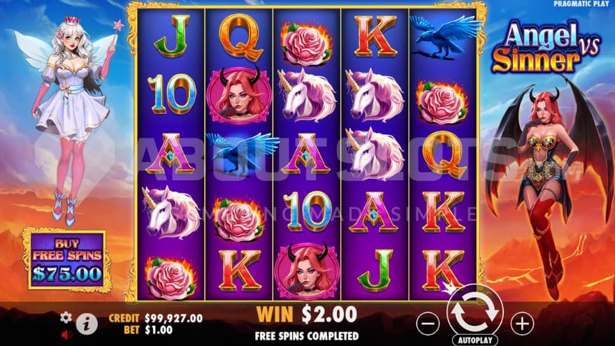 Base game with an angel and a devil on the sides of the reels.