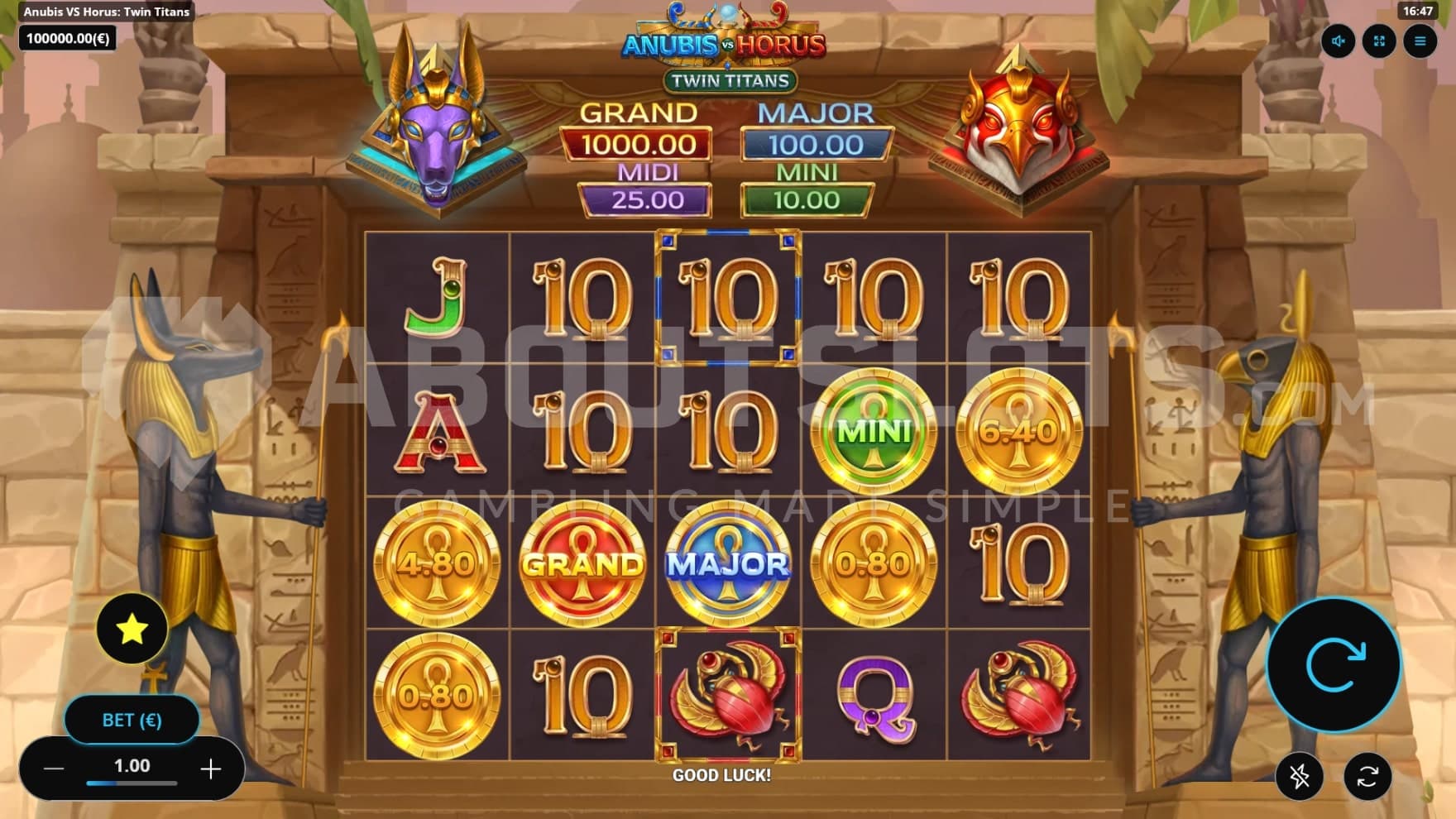 Two guardians of Anubis and Horus stand next to the playing grid, defending its tomb