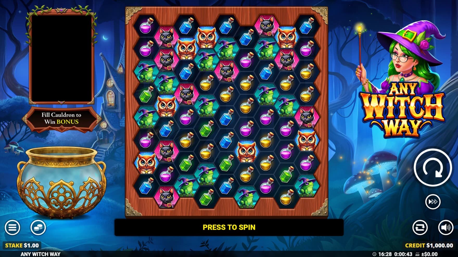 The playing grid is set in a dark forest with the witch cabin in the background