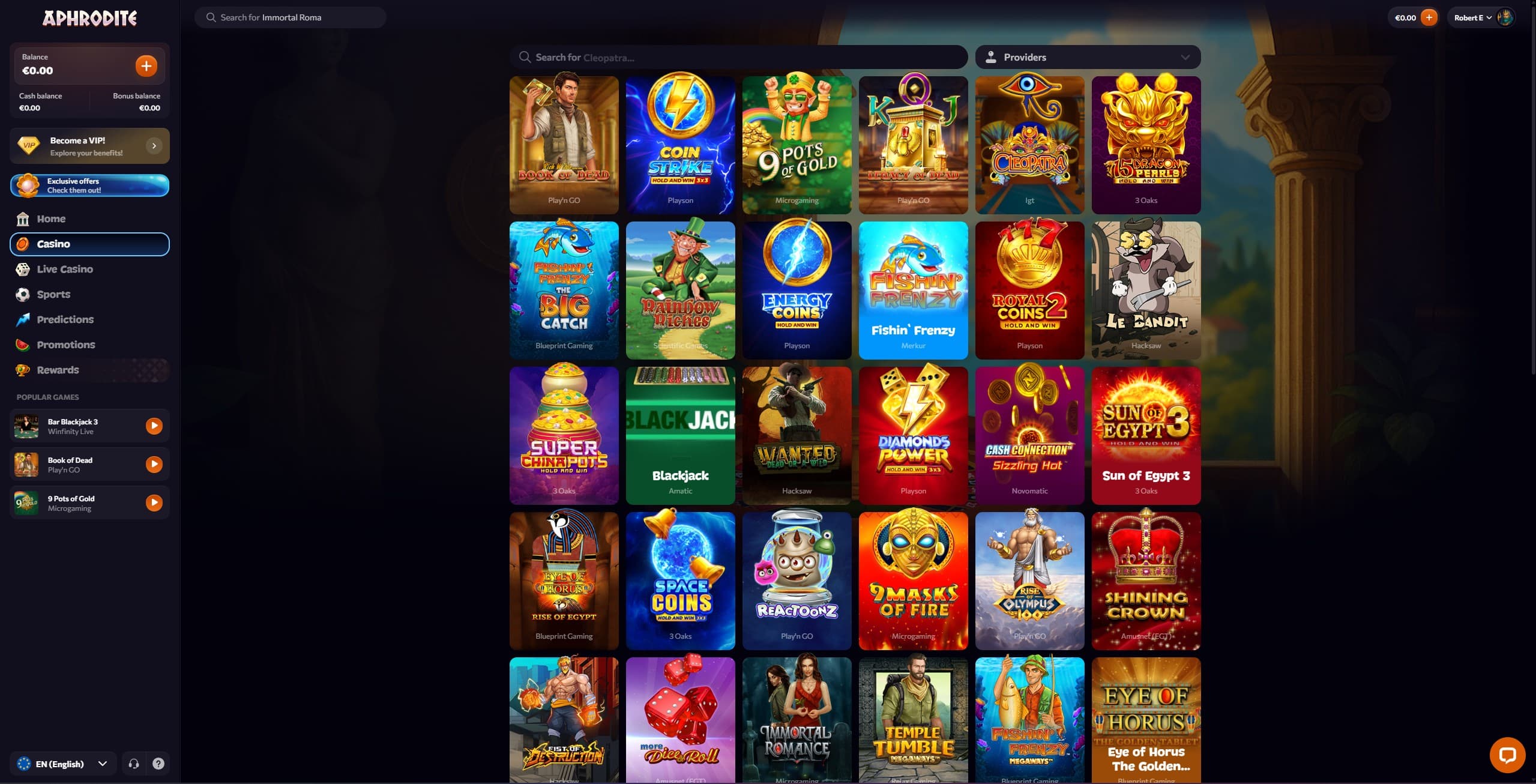 Aphrodite Casino games page showing a selection of popular slot games