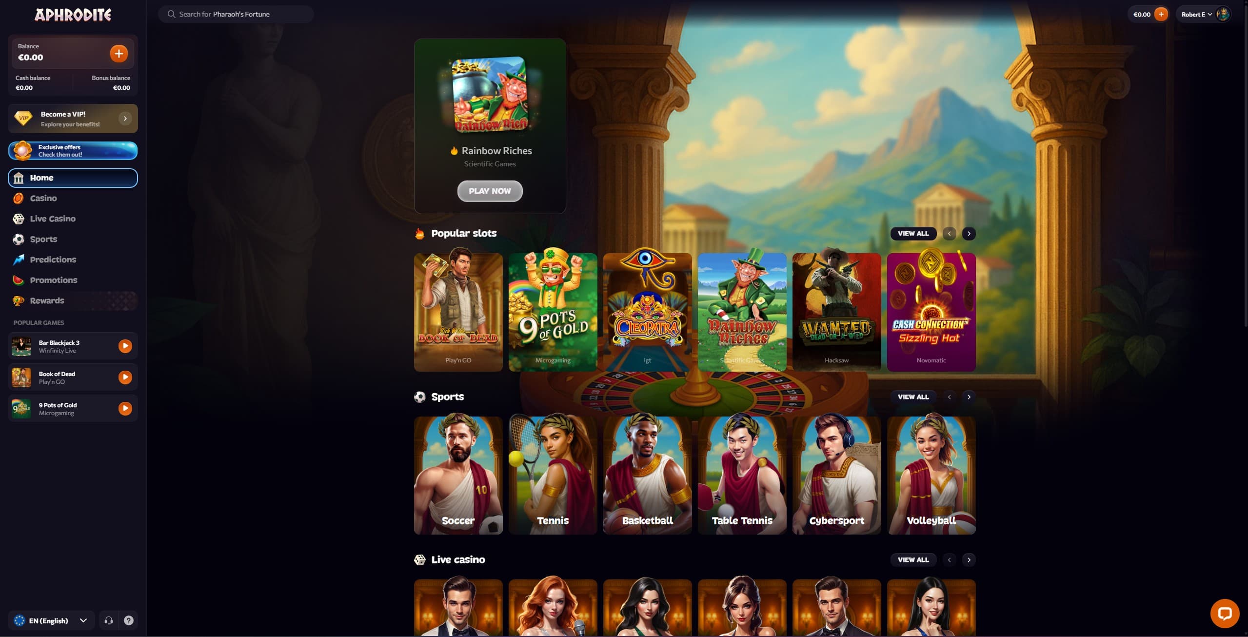 Aphrodite Casino landing page showing a selection of game categories and the main menu