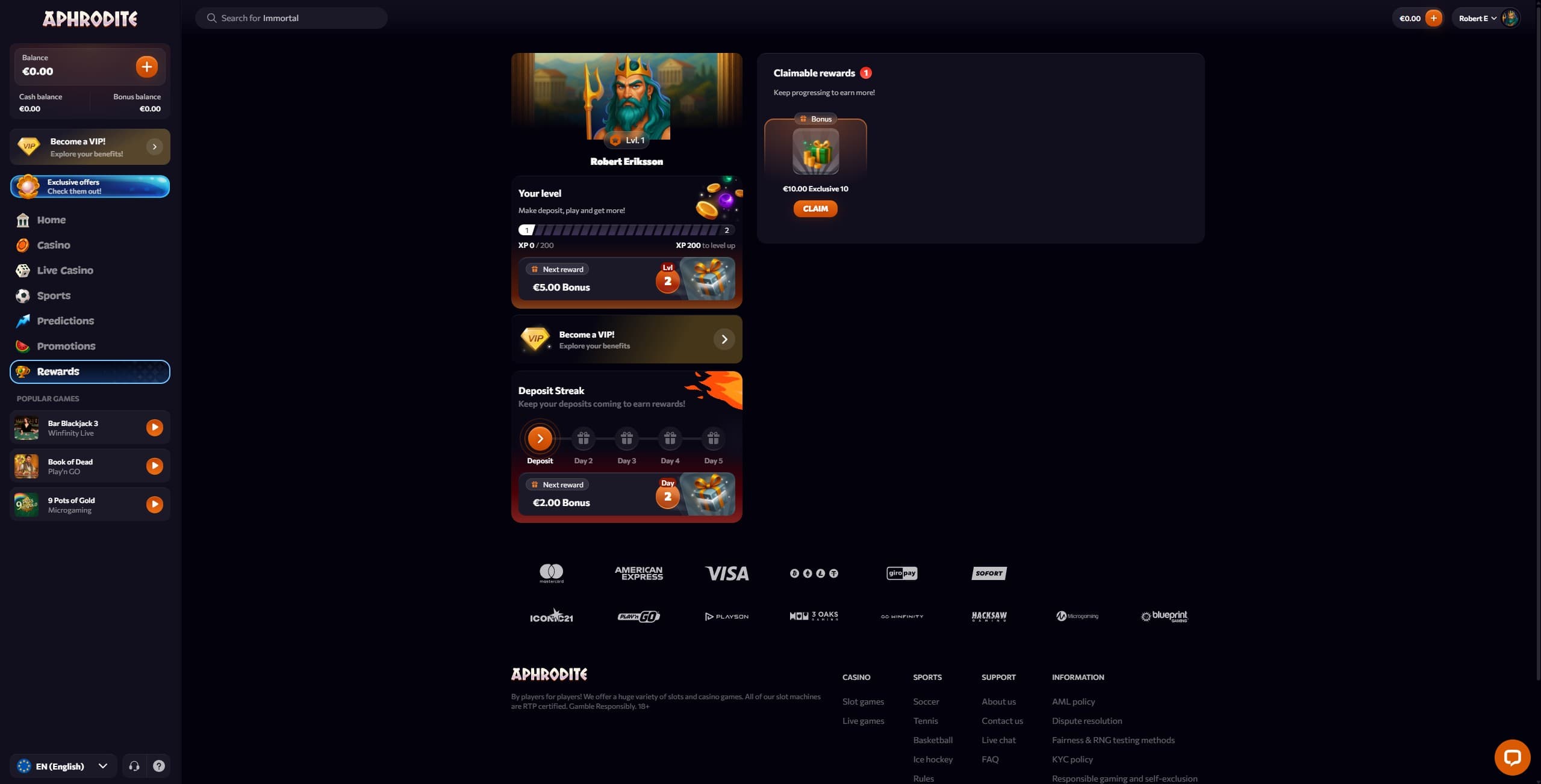 Aphrodite Casino promotions page showing the available welcome bonus offer
