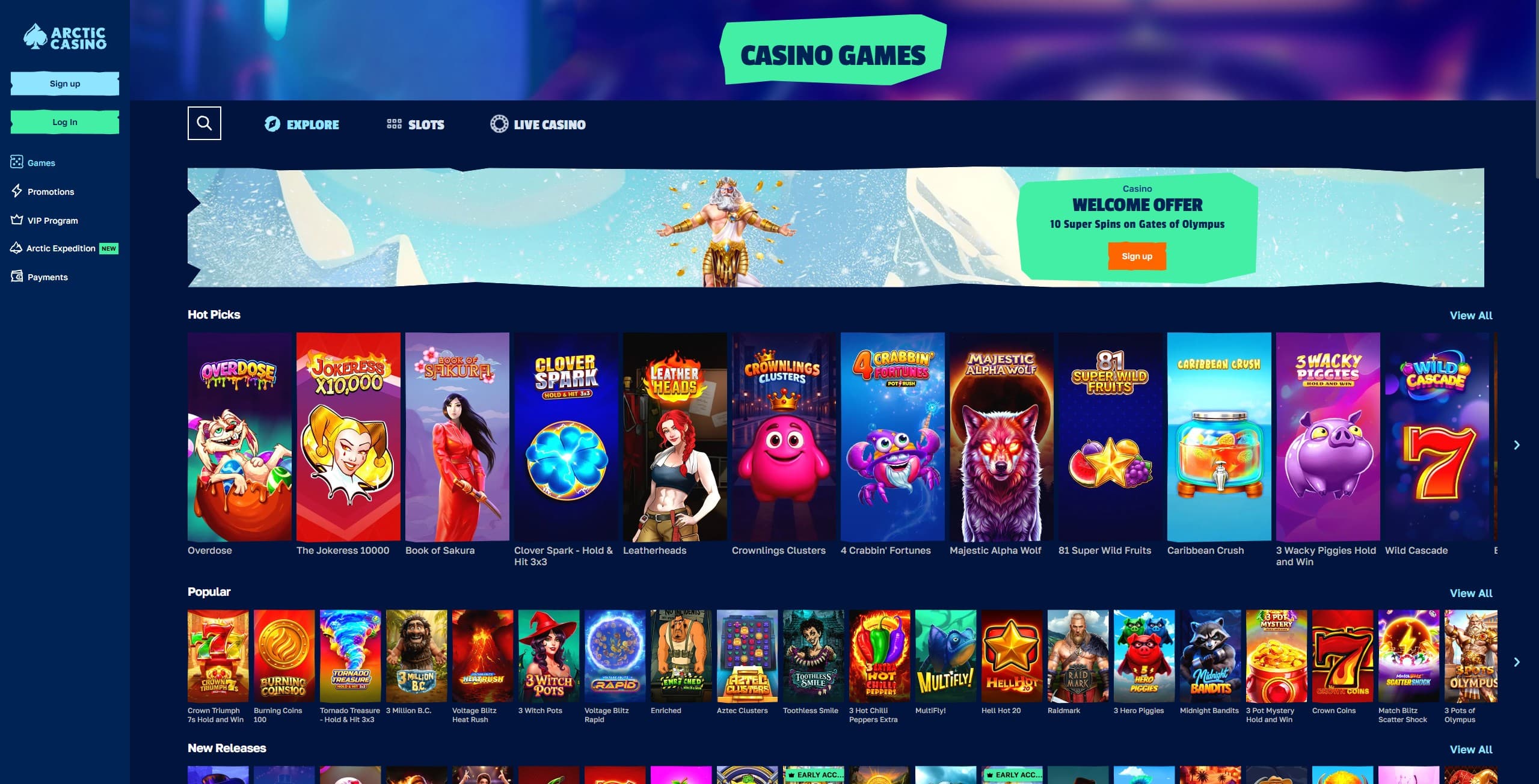 Arctic Casino Games Page showing a selection of slot games and game categories
