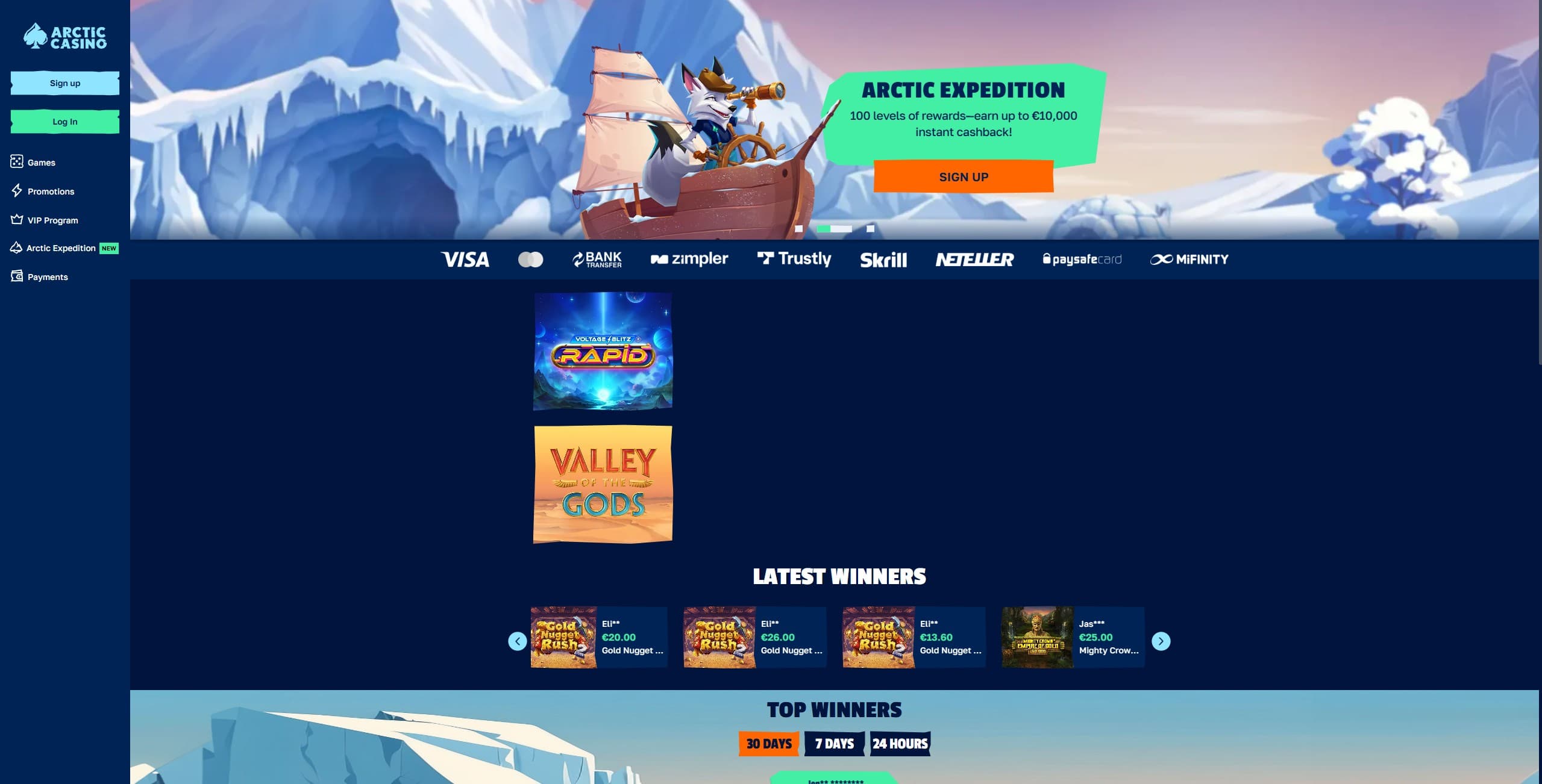 Arctic Casino Landing Page showing the top winners in the tournament, and information on the loyalty program