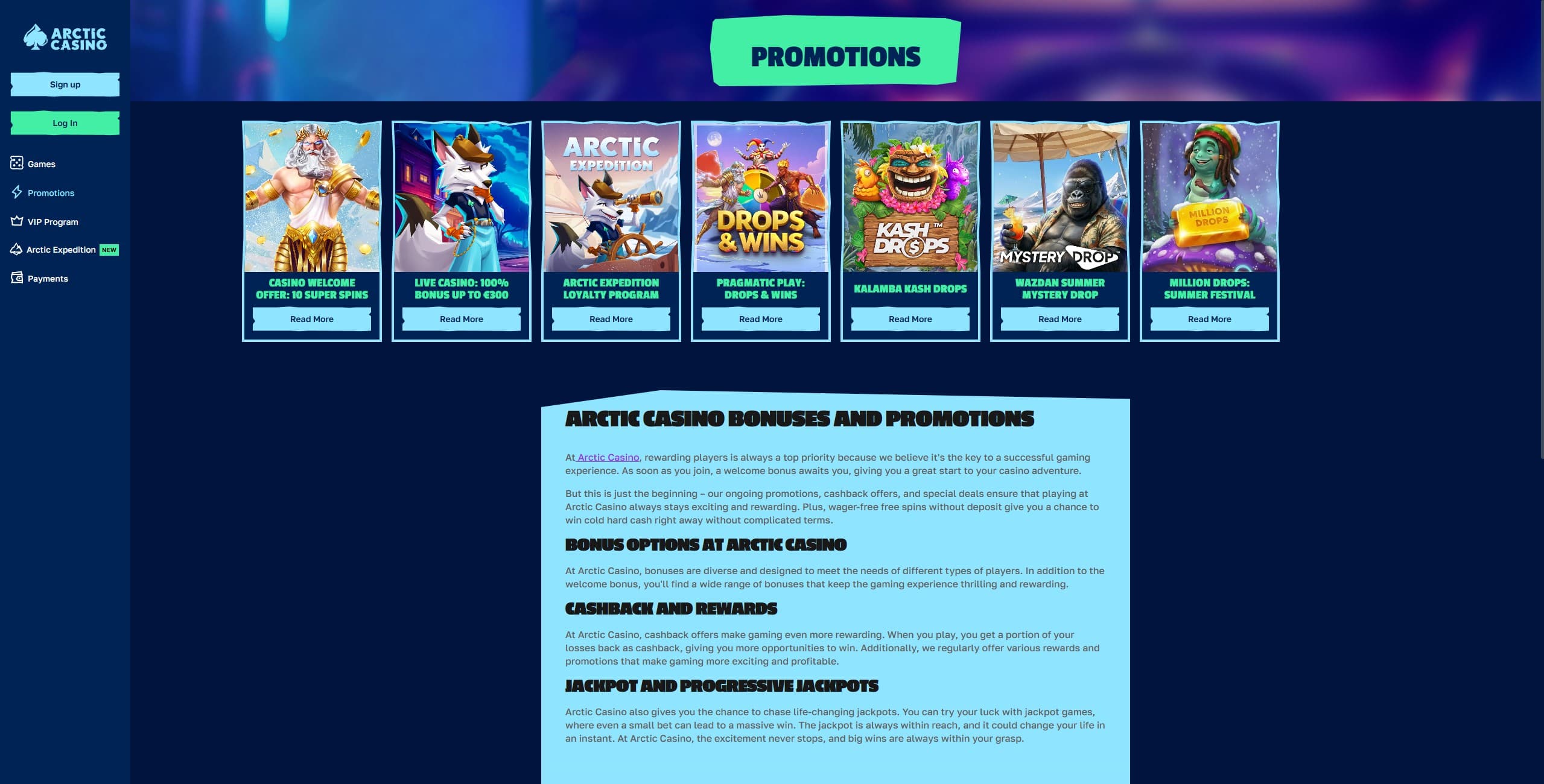 Arctic Casino Promotions Page showing the available bonues and promotions