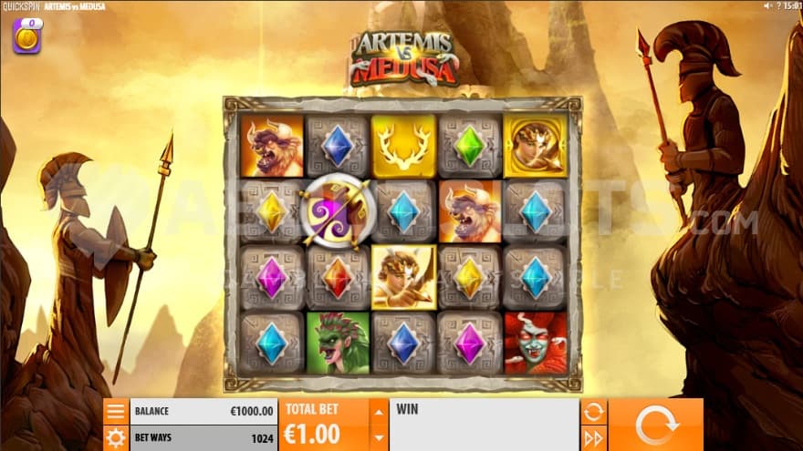 Two statues of Greek soldiers in the background of the playing grid