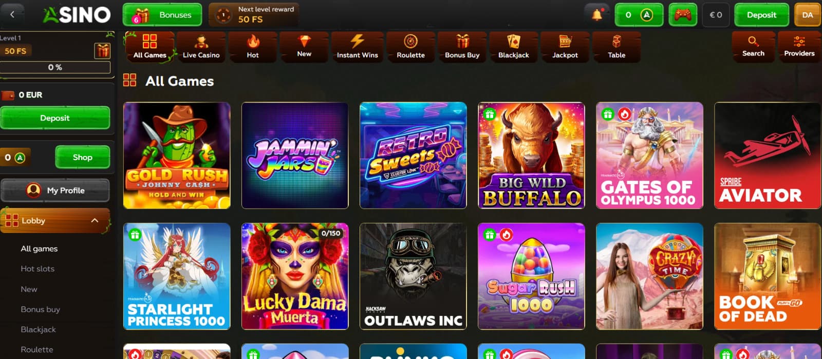 Asino Casino games page showing slot titles, game categories, provider search, and casino navigation