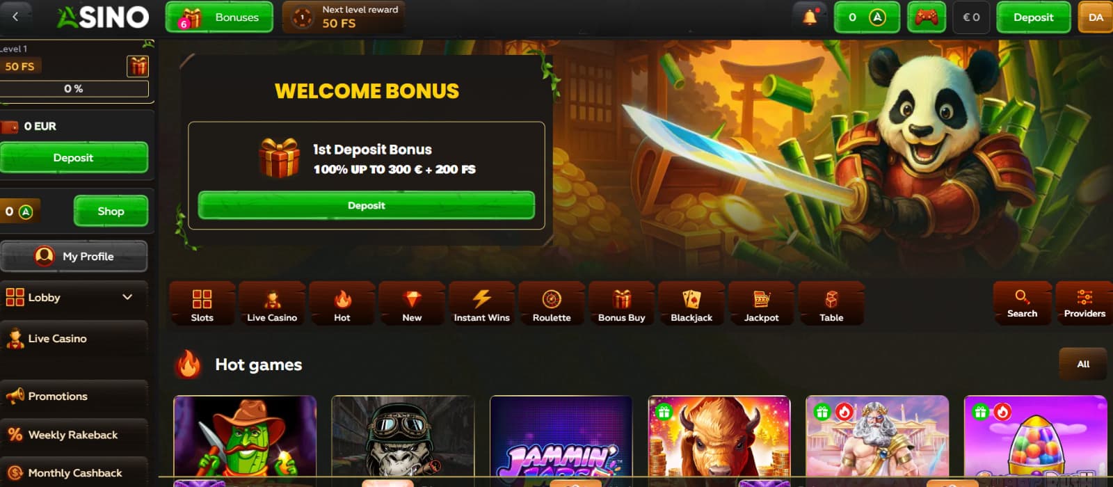 Asino Casino landing page showing welcome bonus banner, panda theme, game categories, and side navigation